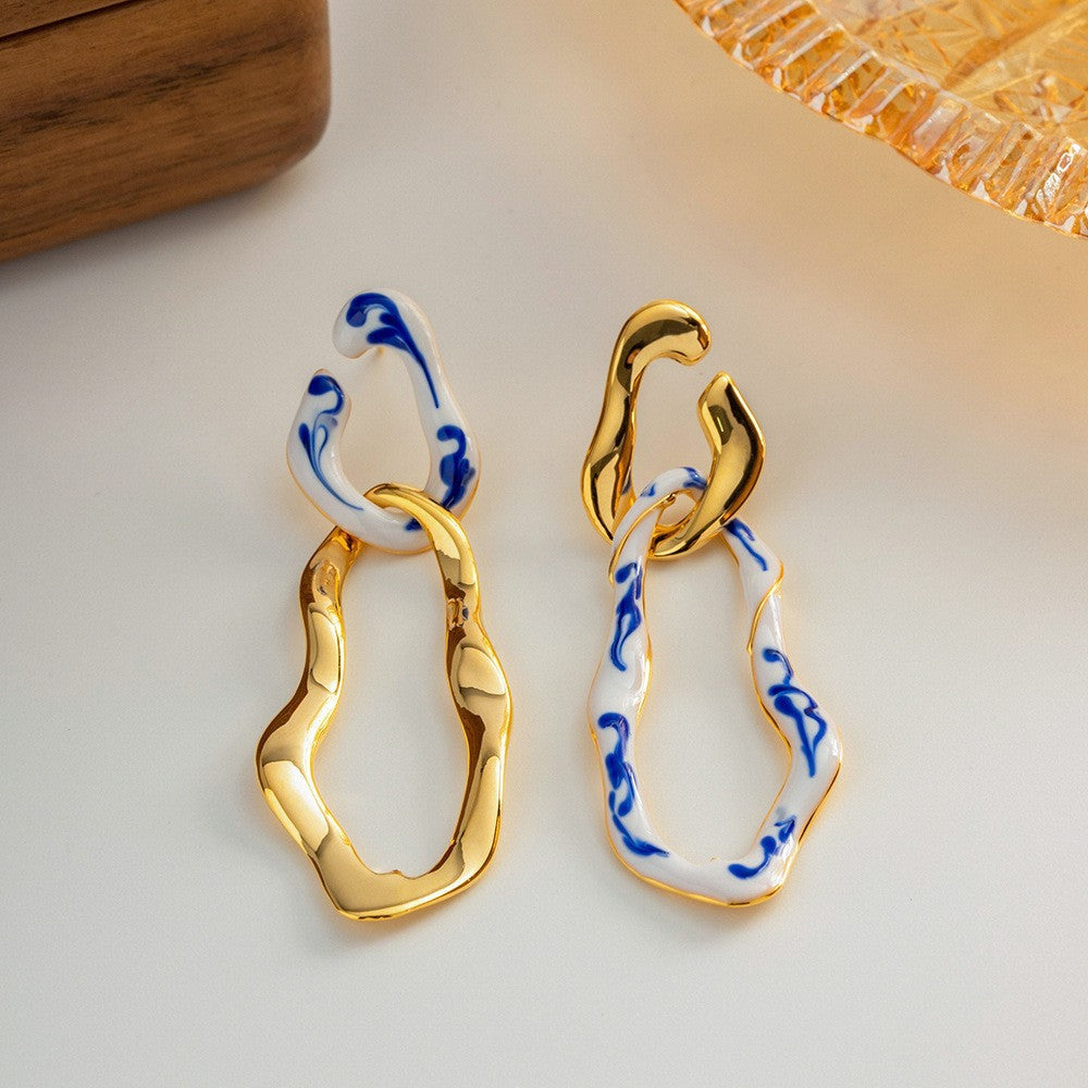 Fashion Blue And White Porcelain Pendant Women's Earrings
