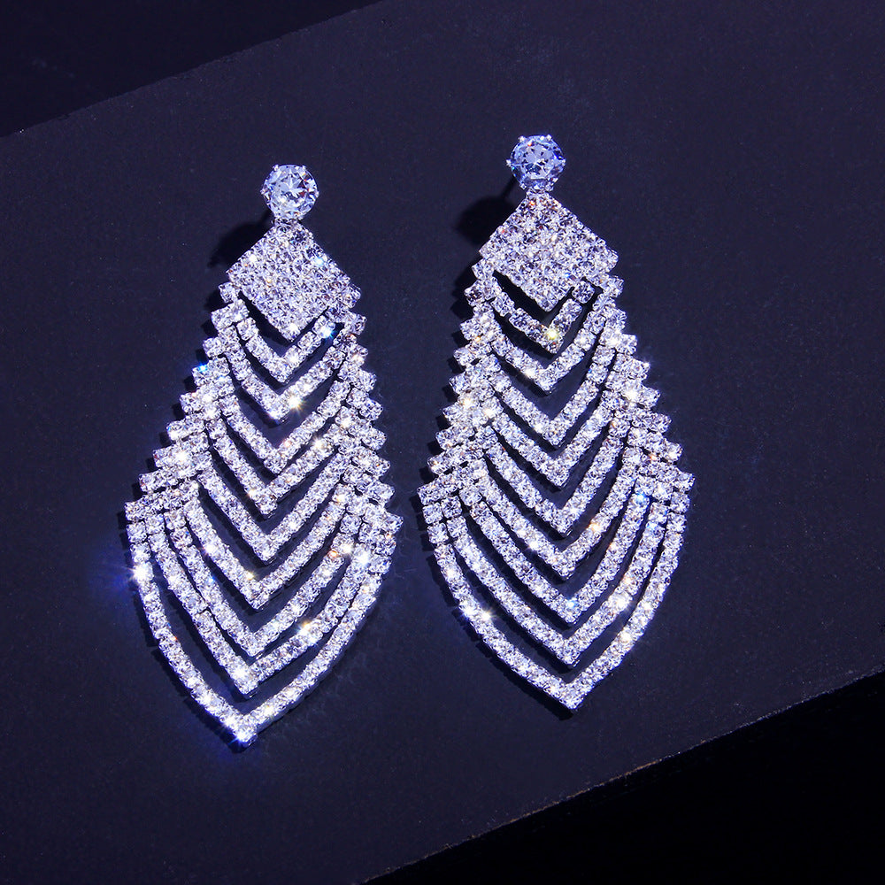 Crystal Long Diamond Leaf Earrings