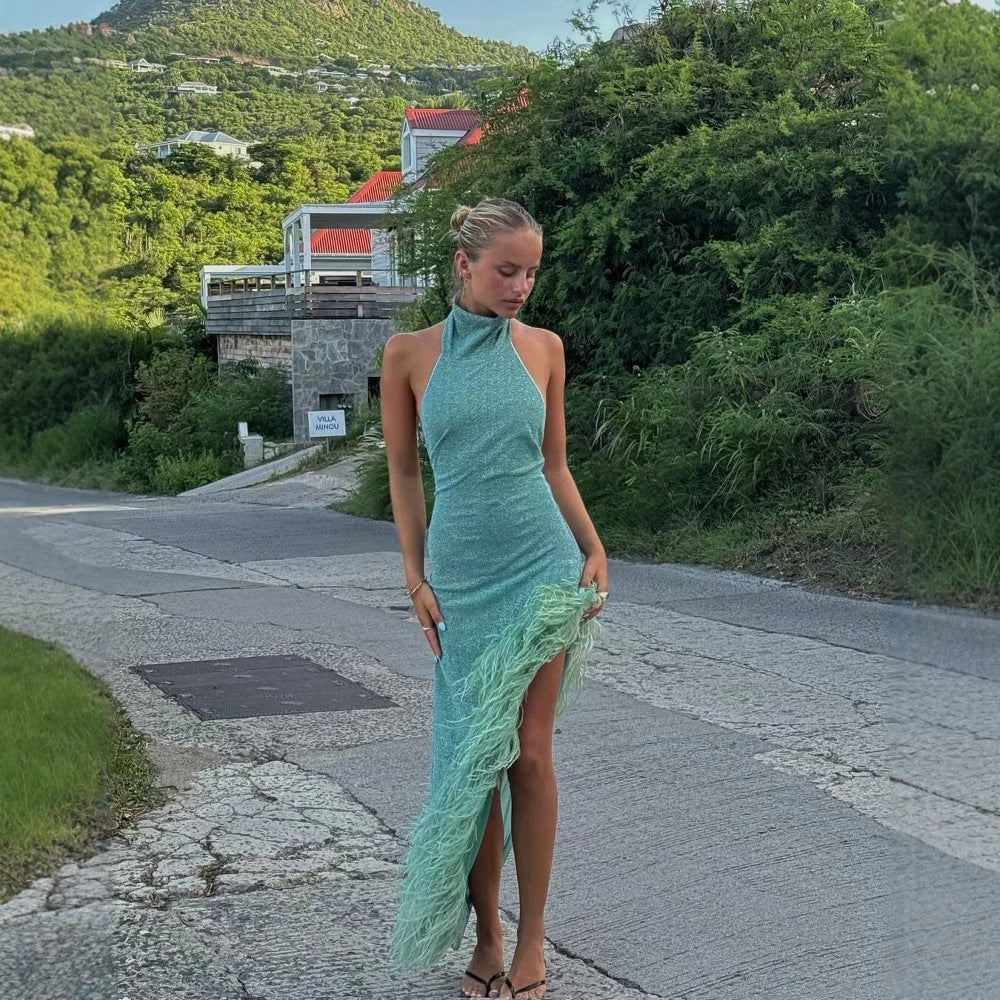 Feather Halter Party Dress