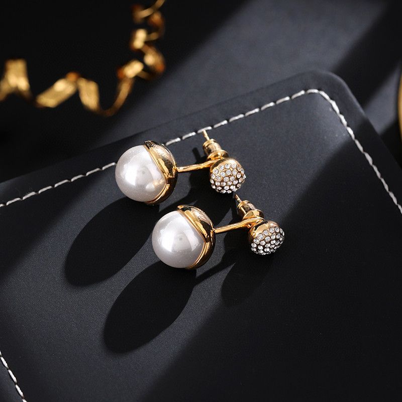 Gem Ball And Glass Pearl Pendant Stud Earrings