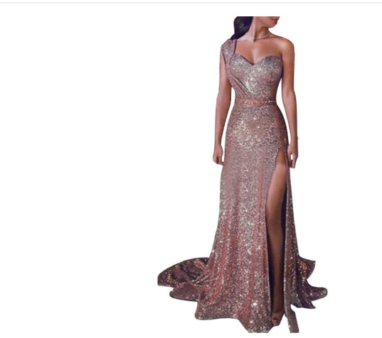 One-Shoulder Sleeveless Bronzing Dress Slit Long Skirt