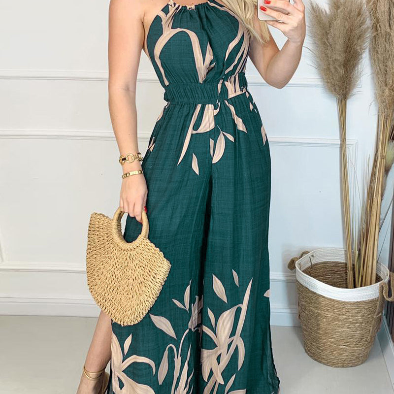 Dark Blue Printed Halter Jumpsuit