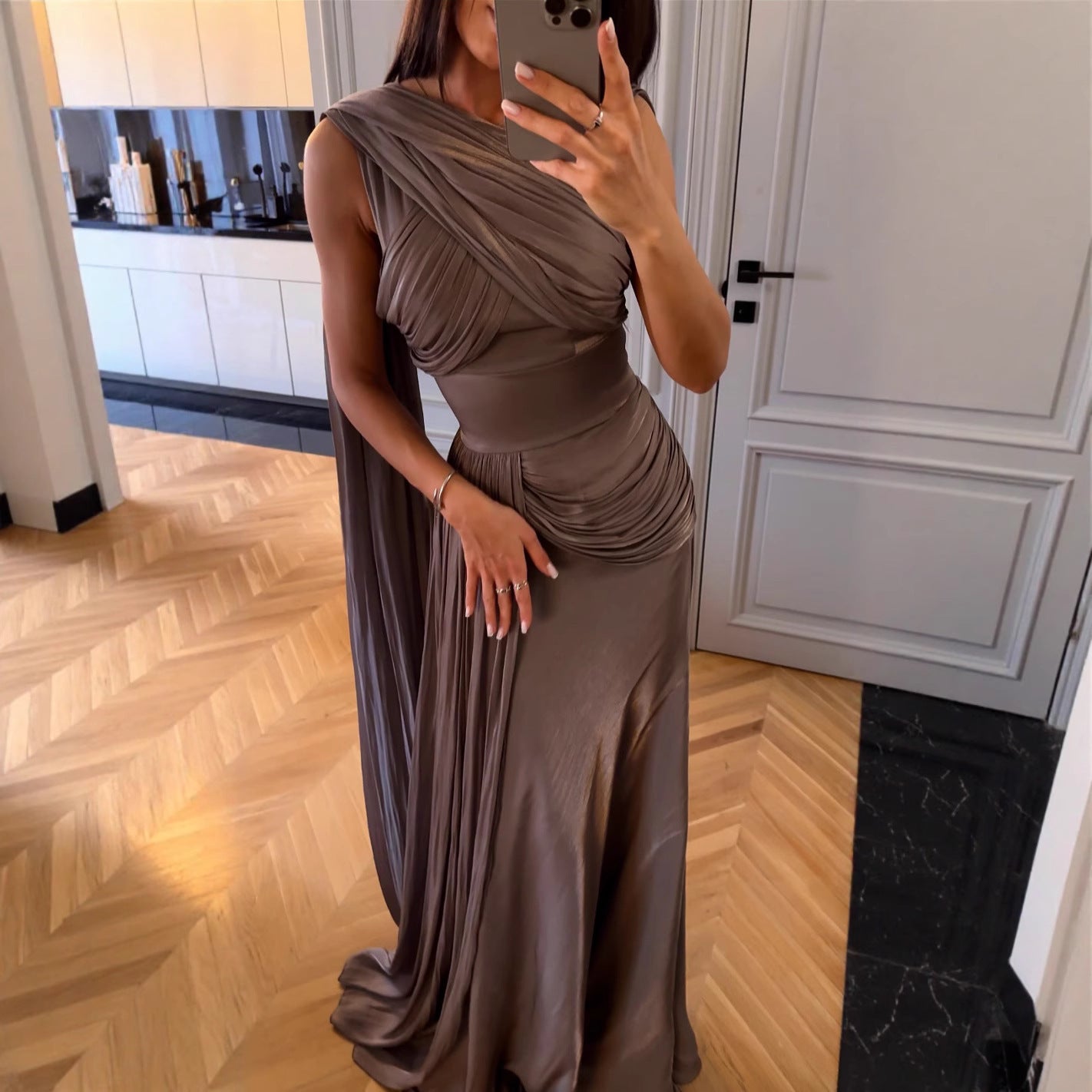 Pleated Satin Ribbon Evening Dress