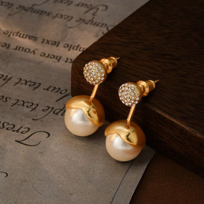 Gem Ball And Glass Pearl Pendant Stud Earrings