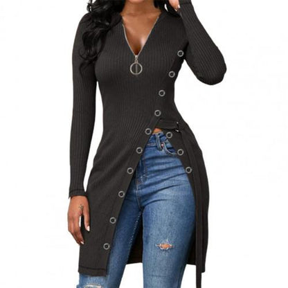 V-Neck High Split Zipper Dress