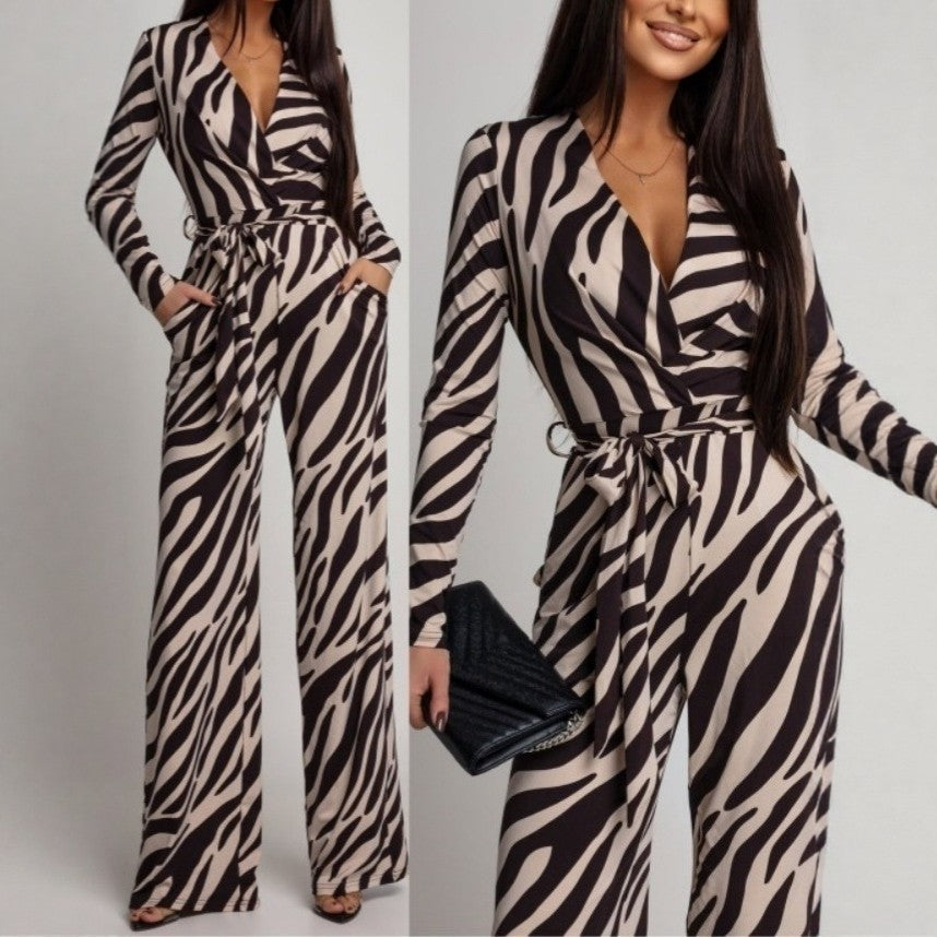 Zebra-Print V-Neck Long-Sleeve Jumpsuit