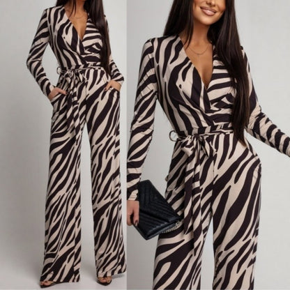 Zebra-Print V-Neck Long-Sleeve Jumpsuit