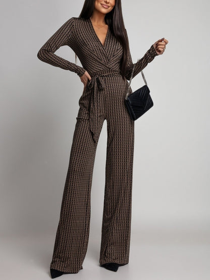 Zebra-Print V-Neck Long-Sleeve Jumpsuit