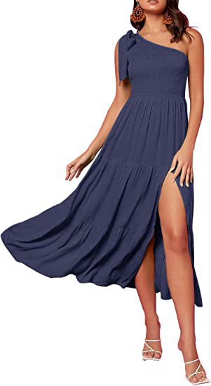 One-Shoulder Pleated Layered Hem Split Dress