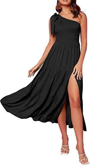 One-Shoulder Pleated Layered Hem Split Dress