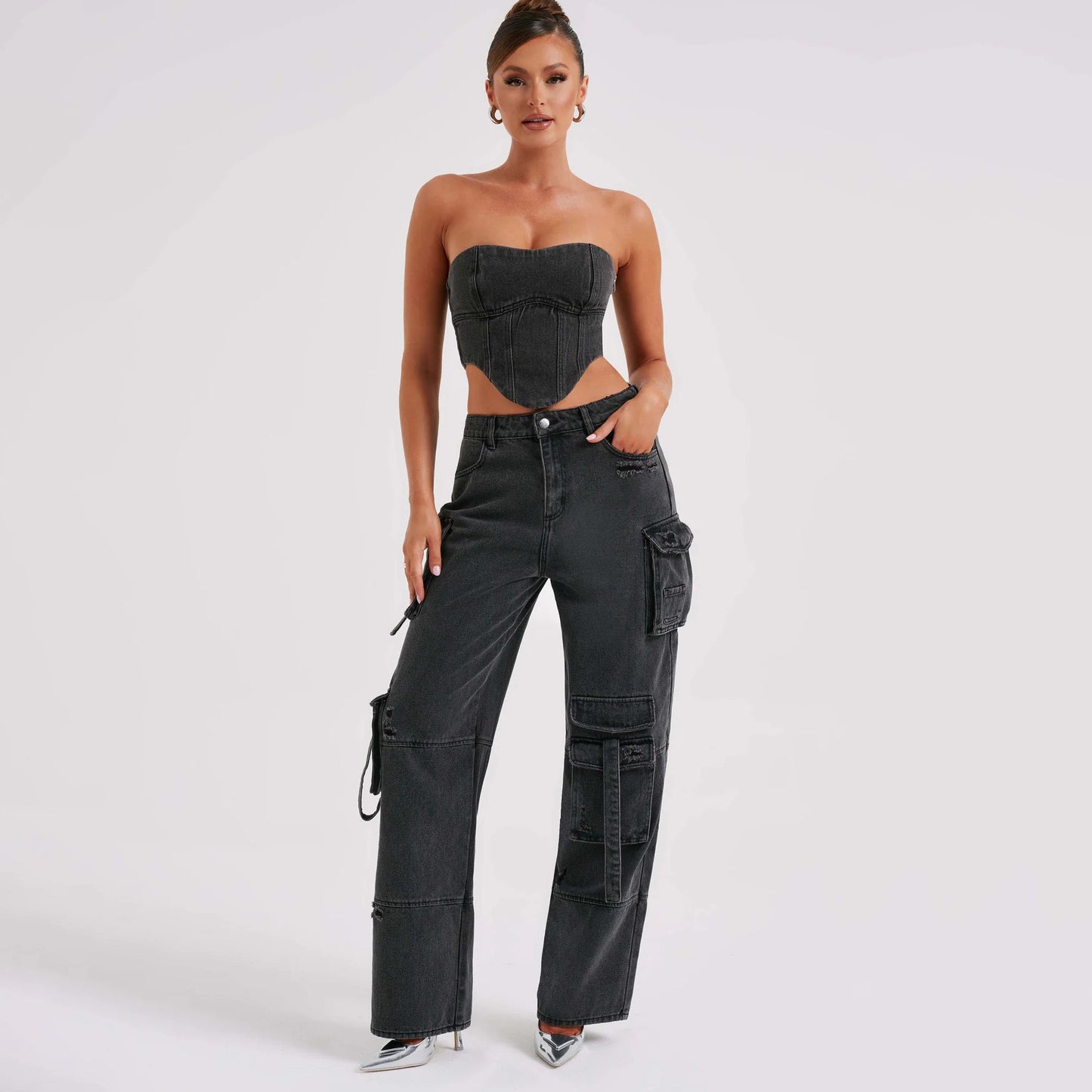 Denim Backless Tube Top Set