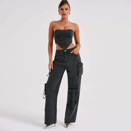 Denim Backless Tube Top Set