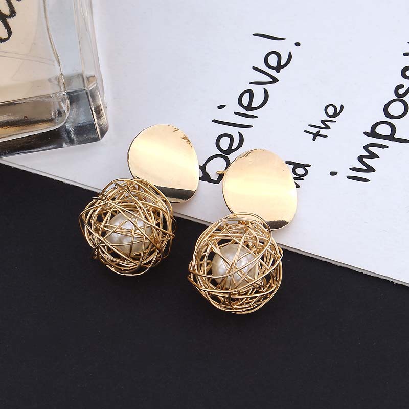 Simple Woven Ball Pearl Stud Earrings