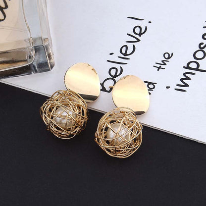 Simple Woven Ball Pearl Stud Earrings