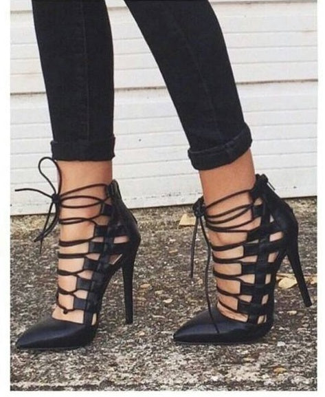 Pointed Lace-Up Roman Heels