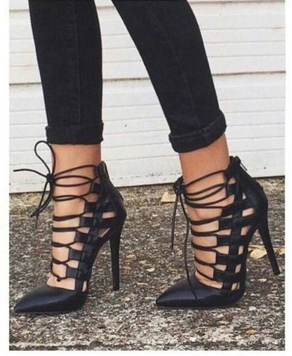 Pointed Lace-Up Roman Heels