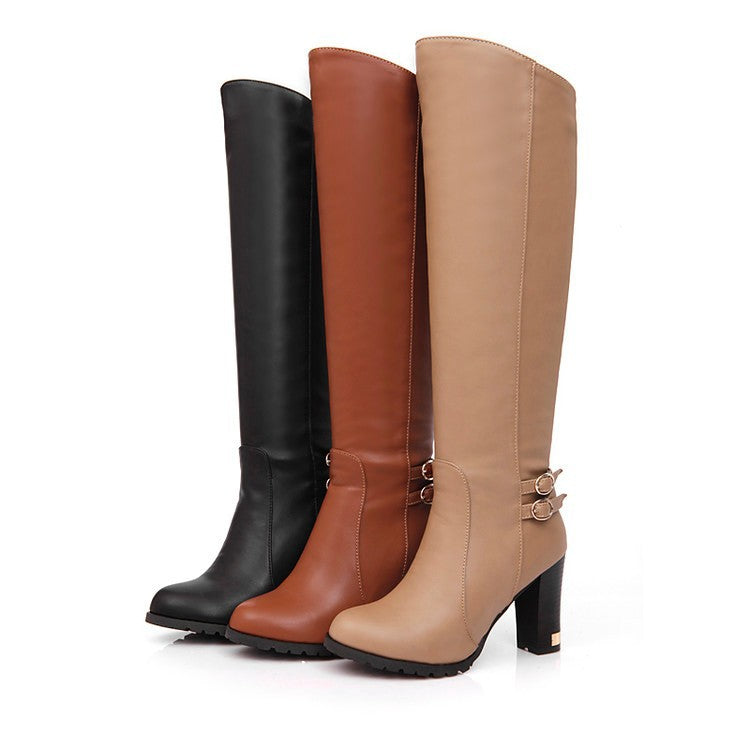 Thick Heel Leather Boots Belt Buckle
