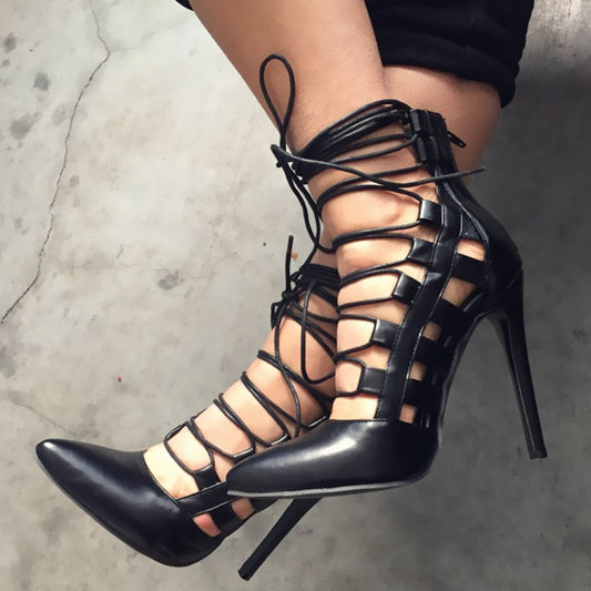 Pointed Lace-Up Roman Heels