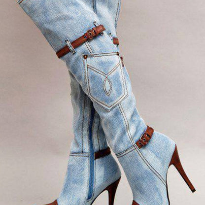Denim Knee-High Stiletto Boots