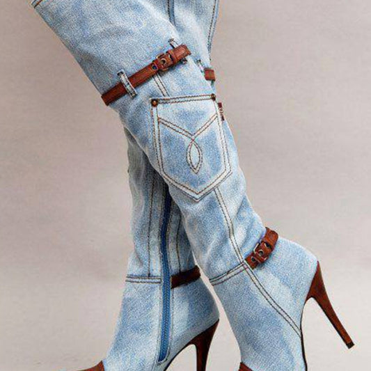 Denim Knee-High Stiletto Boots