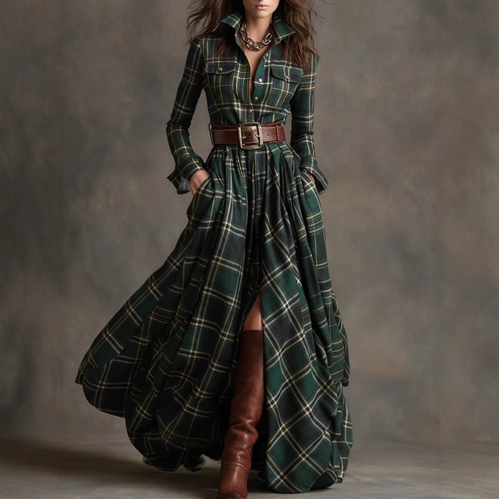 Ins Plaid Print Long-Sleeved Dress Fashion Pockets
