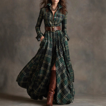 Ins Plaid Print Long-Sleeved Dress Fashion Pockets