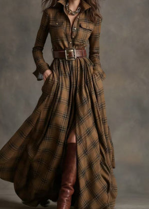 Ins Plaid Print Long-Sleeved Dress Fashion Pockets