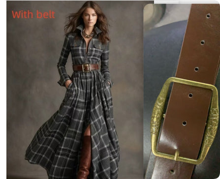 Ins Plaid Print Long-Sleeved Dress Fashion Pockets