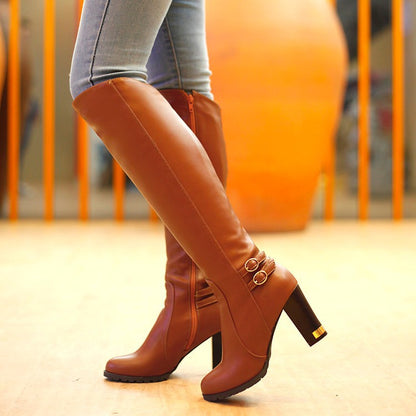 Thick Heel Leather Boots Belt Buckle