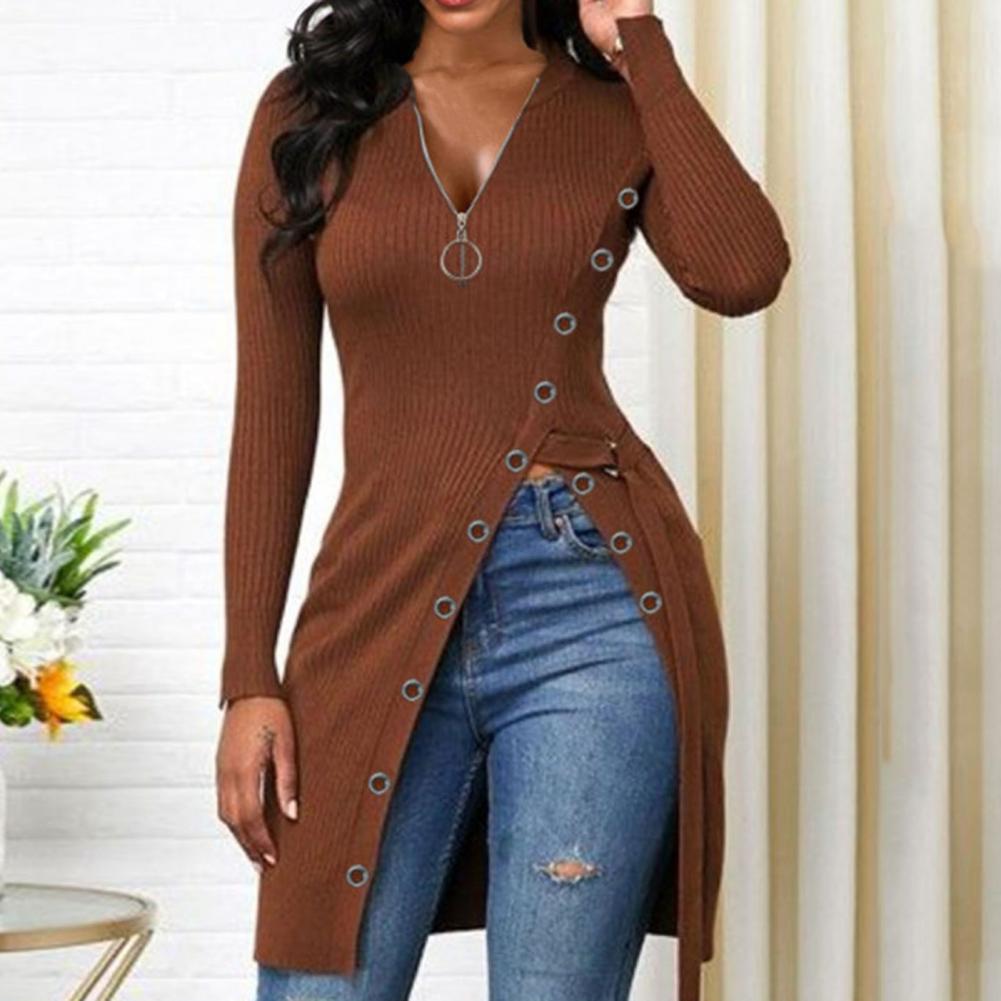 V-Neck High Split Zipper Dress