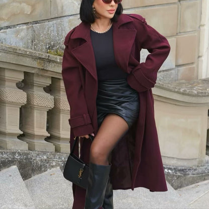Fashion Lapel Woolen Coat With Belt