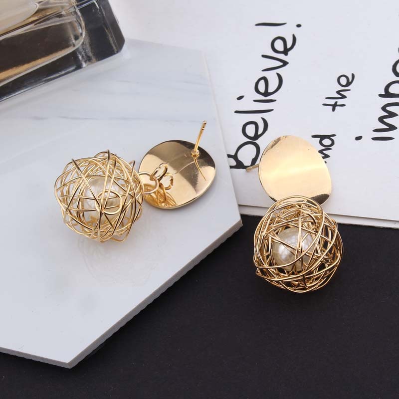 Simple Woven Ball Pearl Stud Earrings