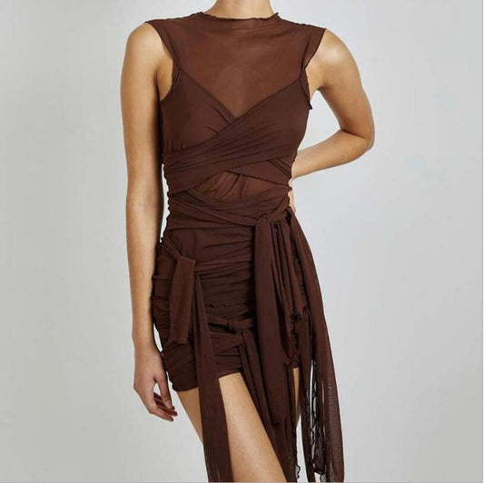 Kliou Ribbons Mesh See Through Bodycon Party Dresses