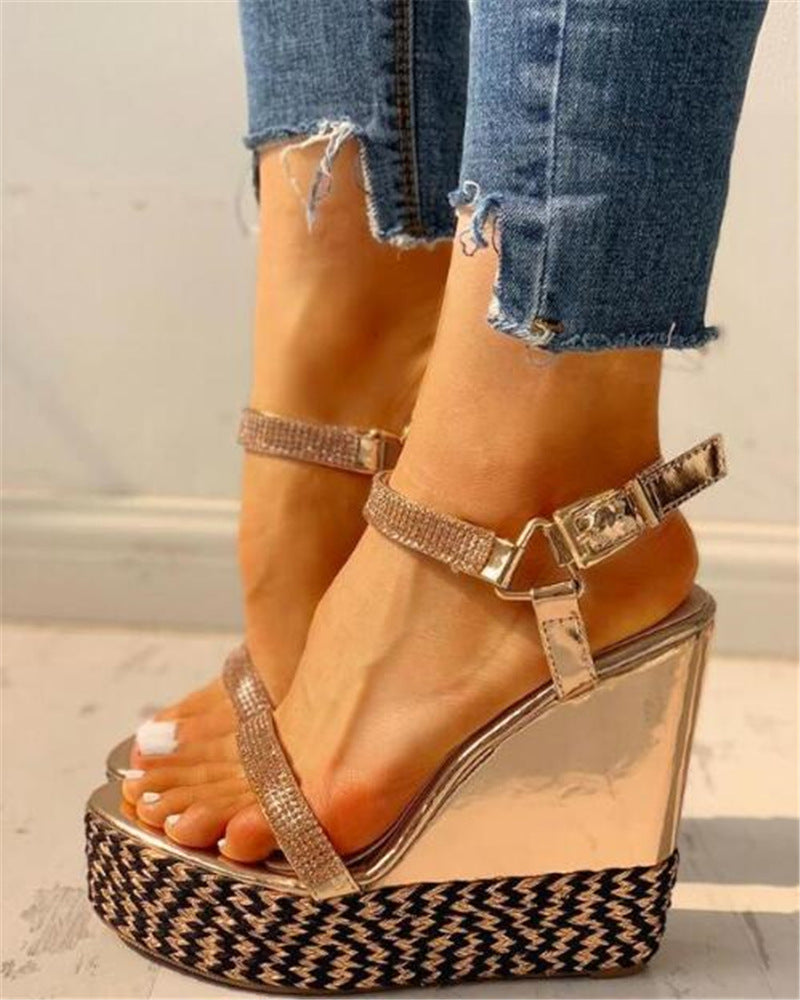 Rhinestone Buckle Wedge Sandals