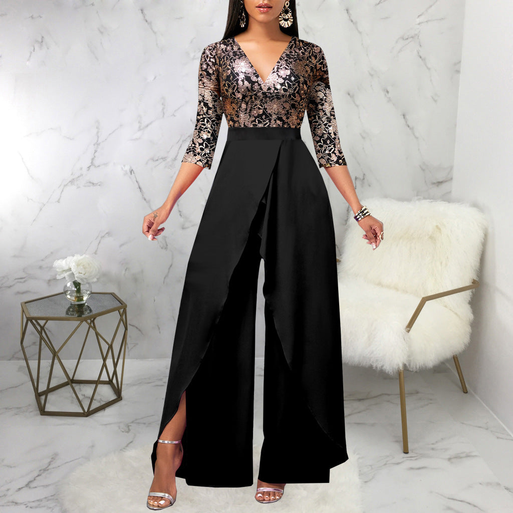 Solid Color And V-neck Women's Jumpsuit