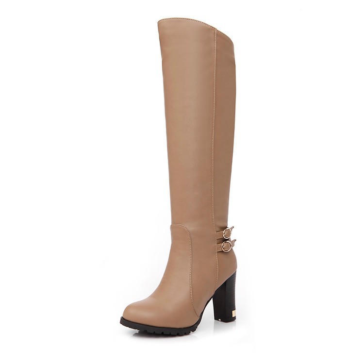 Thick Heel Leather Boots Belt Buckle