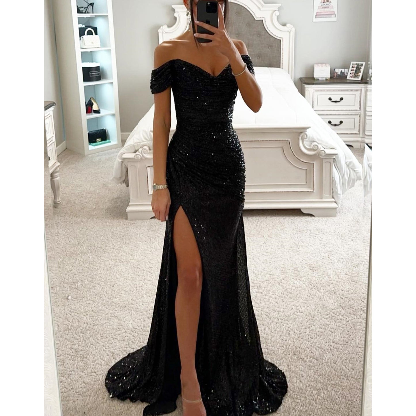 Sequin Off Shoulder Split Dress