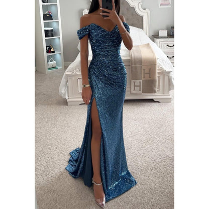 Sequin Off Shoulder Split Dress