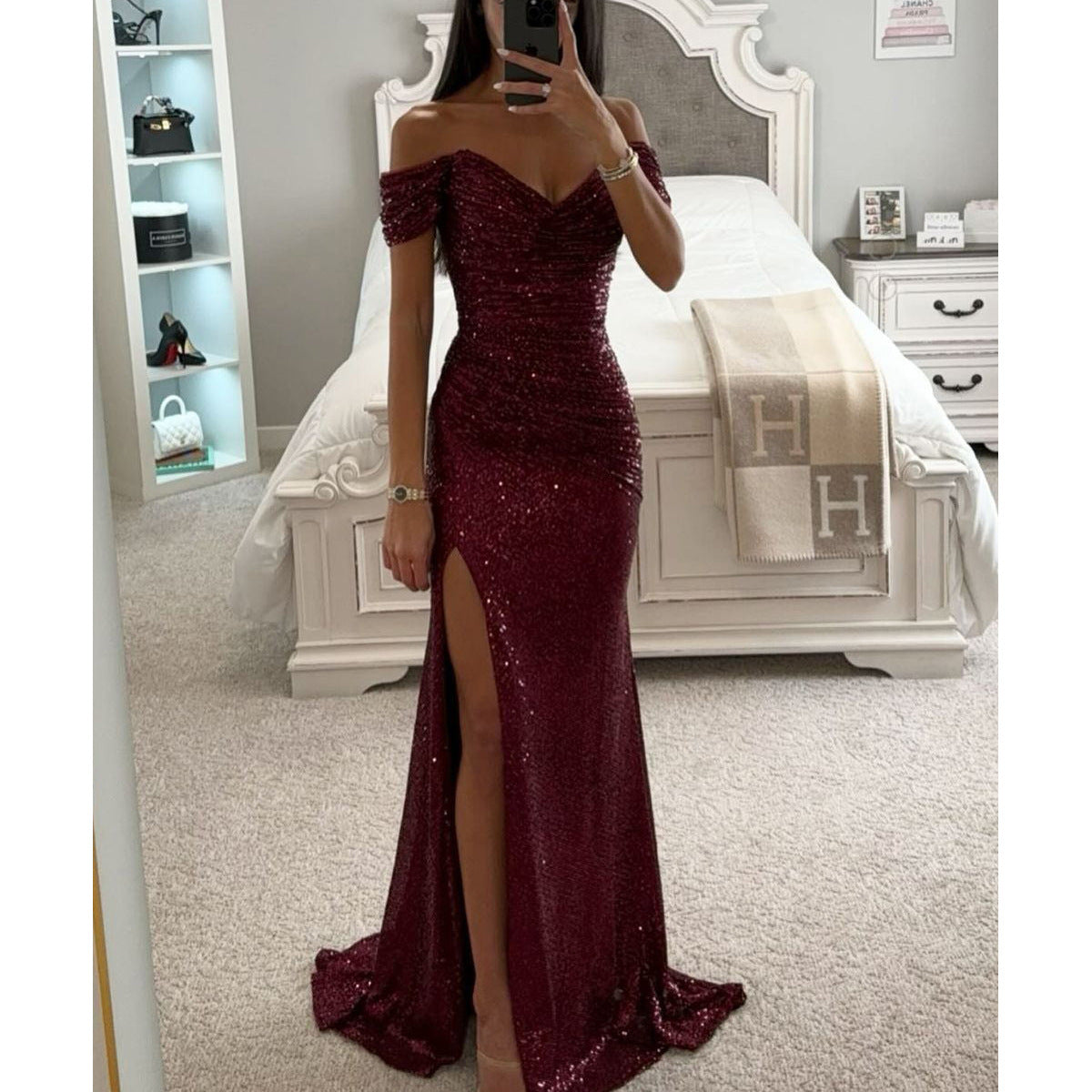 Sequin Off Shoulder Split Dress