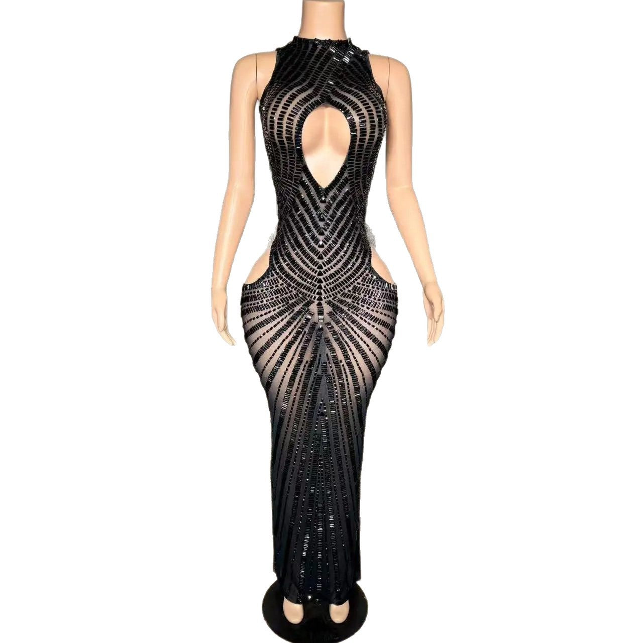 Womens Sexy Mesh Hollow-Out Nightclub Stage Dress
