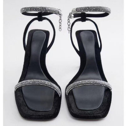 Square Toe Rhinestone Stiletto Sandals