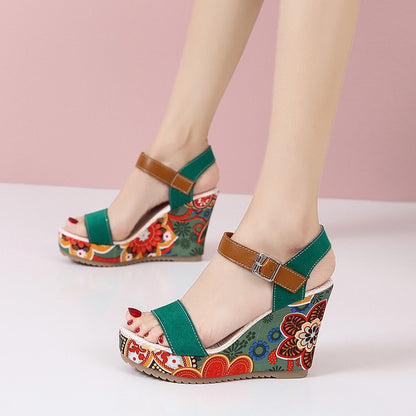 Embroidered High Wedge Sandals For Women