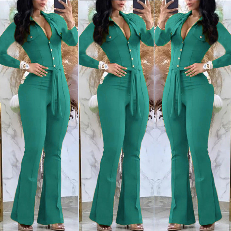 Button Lapel Belted Jumpsuit