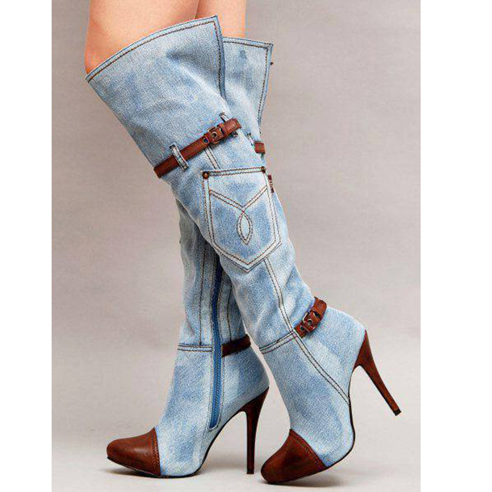 Denim Knee-High Stiletto Boots