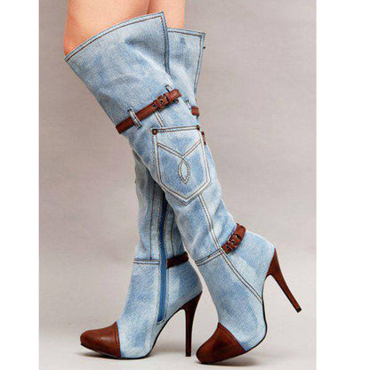 Denim Knee-High Stiletto Boots