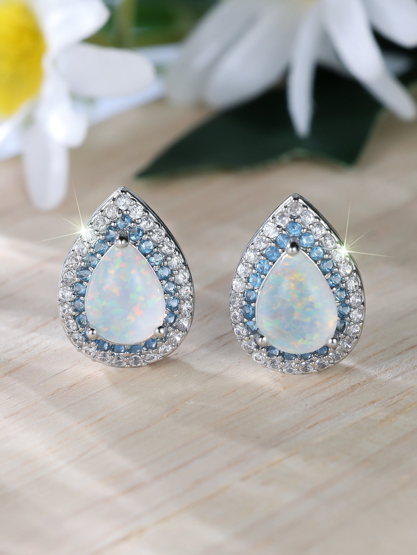 Water Drop White Opal Edge Blue White Ear Studs