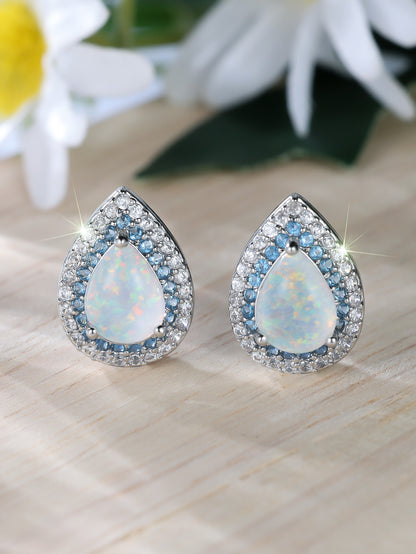 Water Drop White Opal Edge Blue White Ear Studs