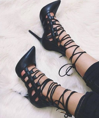 Pointed Lace-Up Roman Heels