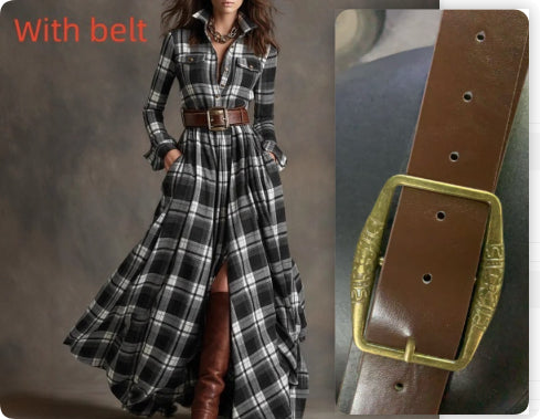 Ins Plaid Print Long-Sleeved Dress Fashion Pockets