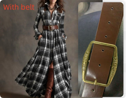 Ins Plaid Print Long-Sleeved Dress Fashion Pockets